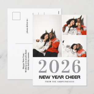 Simple Elegant Modern Happy New Year 3 photo Holiday Postcard