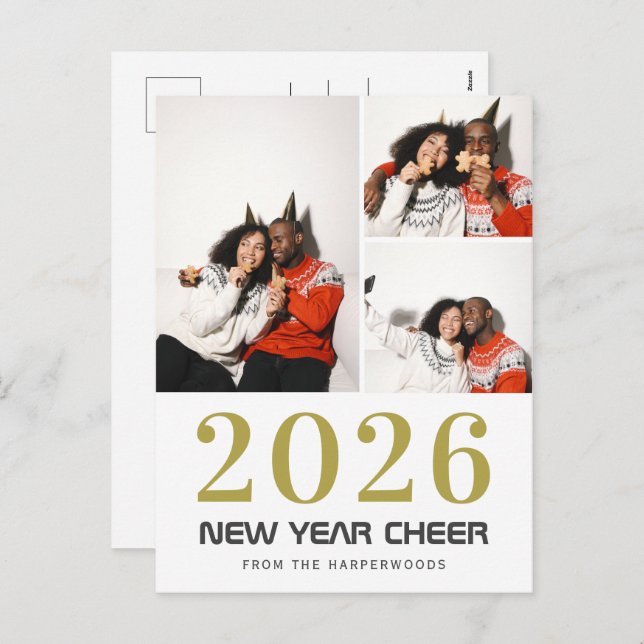 Simple Elegant Modern Happy New Year 3 photo Holiday Postcard (Front/Back)