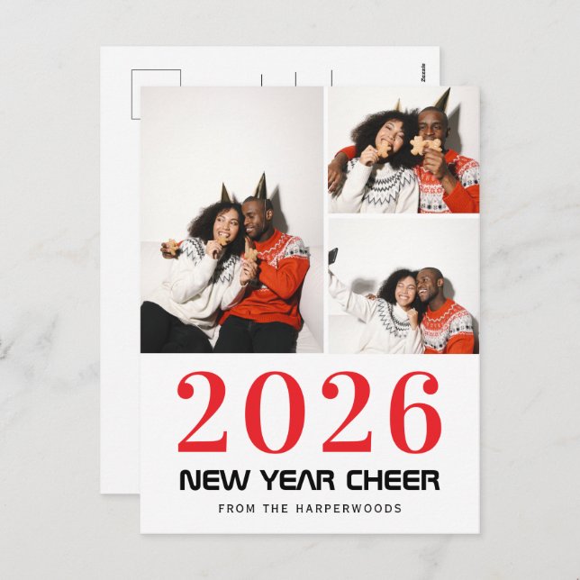 Simple Elegant Modern Happy New Year 3 photo Holiday Postcard (Front/Back)