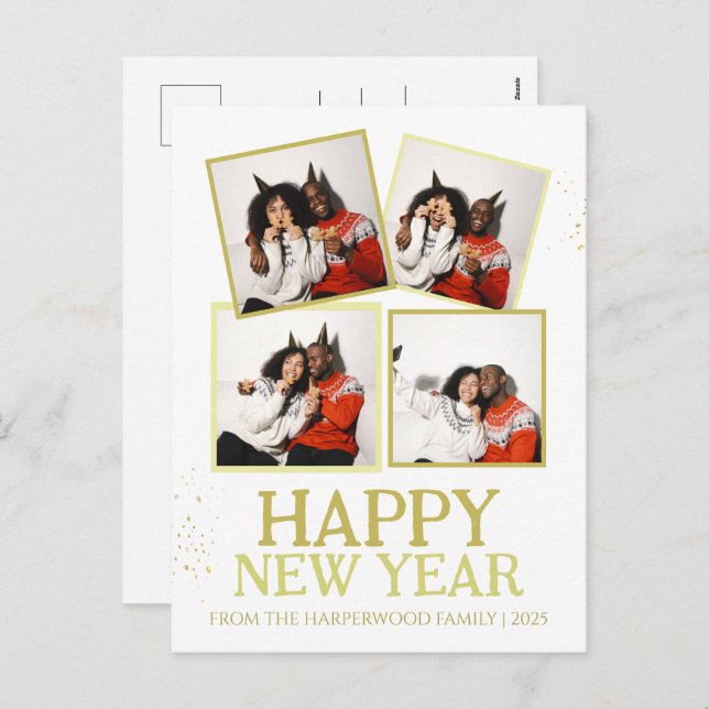 Simple Elegant Modern Happy New Year 4 photo Holiday Postcard (Front/Back)