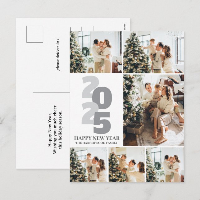 Simple Elegant Modern Happy New Year 6 Photo Holiday Postcard (Front/Back)