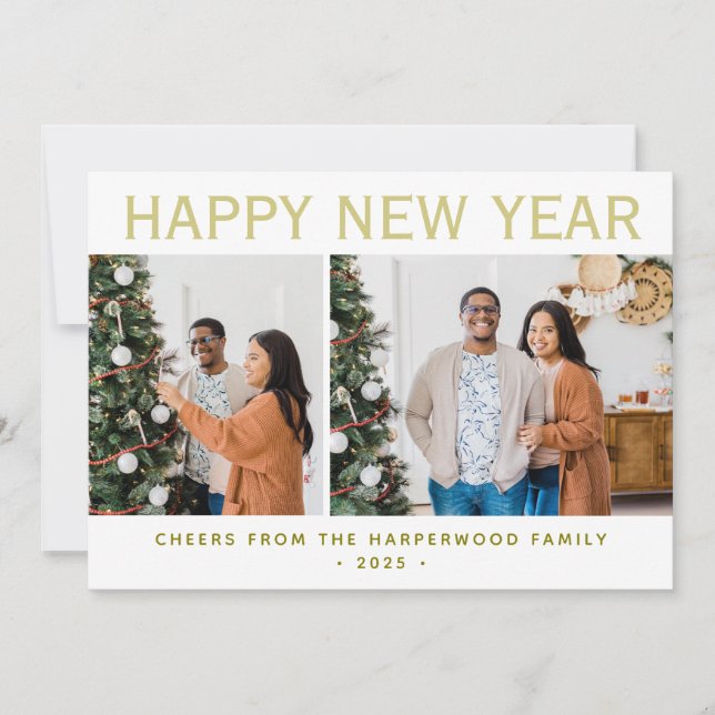 Simple Elegant Modern Happy New Year Five Photo Holiday Card (Front)