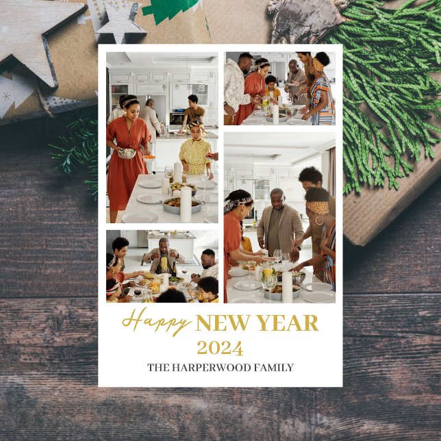 Simple Elegant Modern Happy New Year Four Photo Holiday Card (Creator Uploaded)