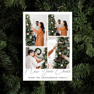Simple Elegant Modern Happy New Year Four Photo Holiday Card