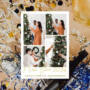 Simple Elegant Modern Happy New Year Four Photo Holiday Card