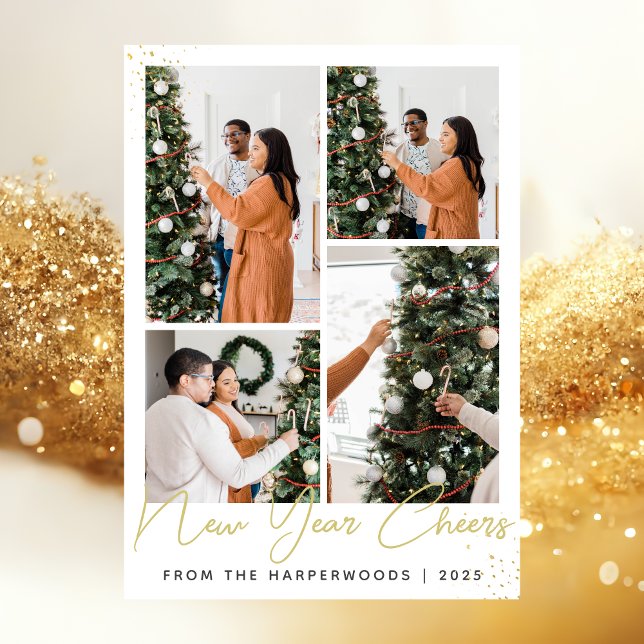 Simple Elegant Modern Happy New Year Four Photo Holiday Card (Creator Uploaded)