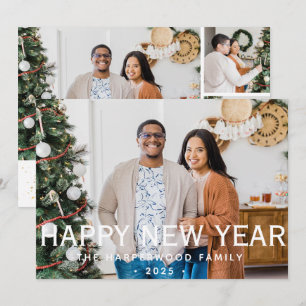 Simple Elegant Modern Happy New Year Four Photo Holiday Card