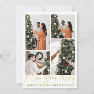 Simple Elegant Modern Happy New Year Four Photo Holiday Card