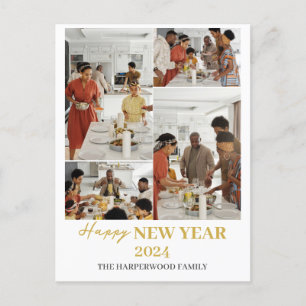 Simple Elegant Modern Happy New Year Four Photo Holiday Postcard