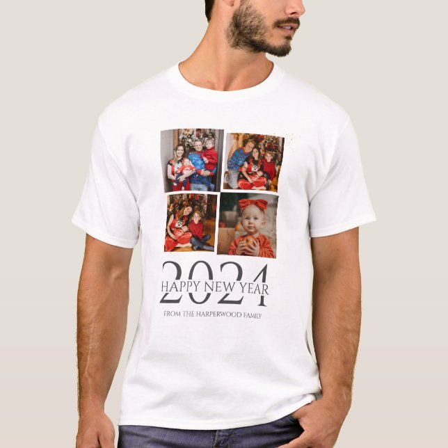 Simple Elegant Modern Happy New Year Four Photo T-Shirt (Front)