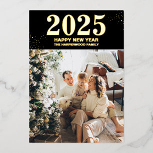 Simple Elegant Modern Happy New Year One Photo Foil Holiday Card