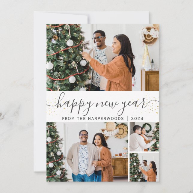Simple Elegant Modern Happy New Year Photo Collage Holiday Card (Front)