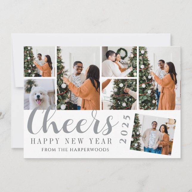 Simple Elegant Modern Happy New Year Photo Collage Holiday Card (Front)