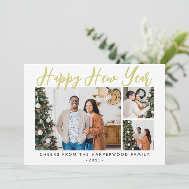 Simple Elegant Modern Happy New Year Six Photo Holiday Card (Standing Front)