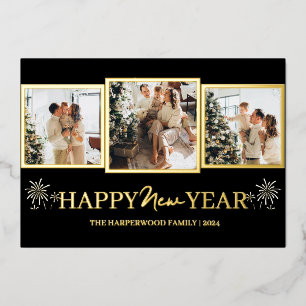 Simple Elegant Modern Happy New Year Three Photo Foil Holiday Card