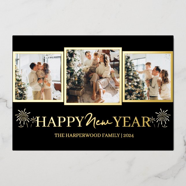 Simple Elegant Modern Happy New Year Three Photo Foil Holiday Card (Front)