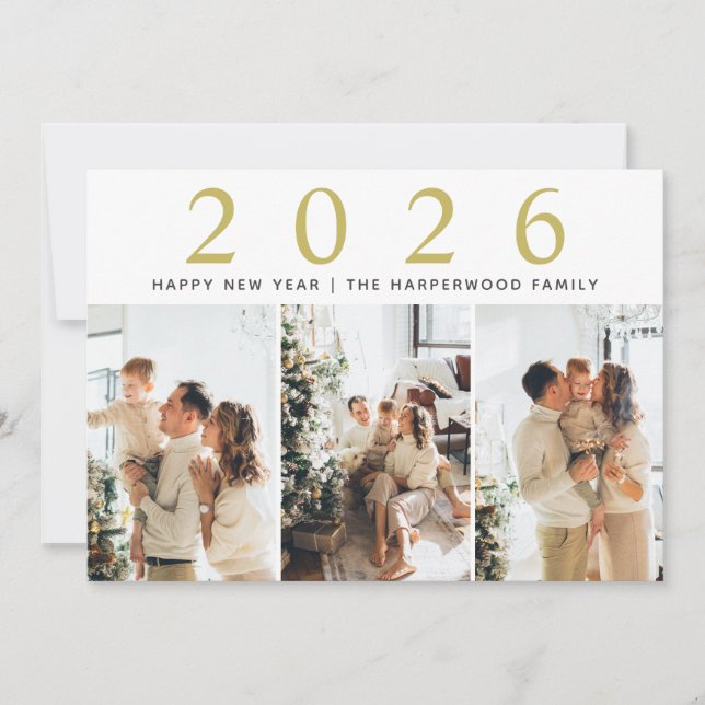 Simple Elegant Modern Happy New Year Three Photo Holiday Card (Front)