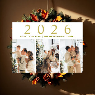 Simple Elegant Modern Happy New Year Three Photo Holiday Card