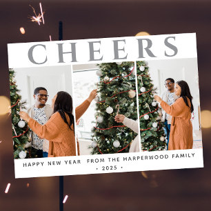 Simple Elegant Modern Happy New Year Three Photo Holiday Card