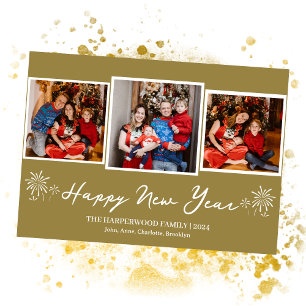 Simple Elegant Modern Happy New Year Three Photo Holiday Card