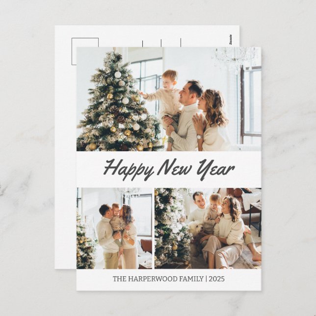 Simple Elegant Modern Happy New Year Three-Photo Holiday Postcard (Front/Back)