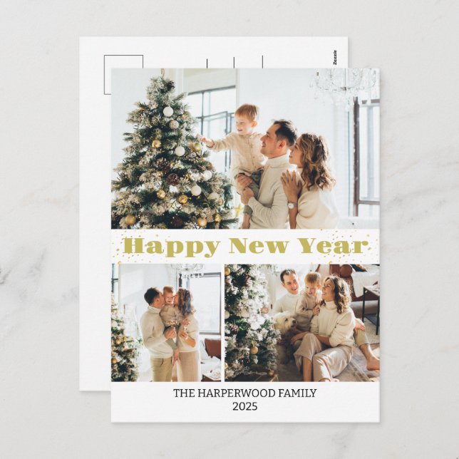 Simple Elegant Modern Happy New Year Three-Photo Holiday Postcard (Front/Back)