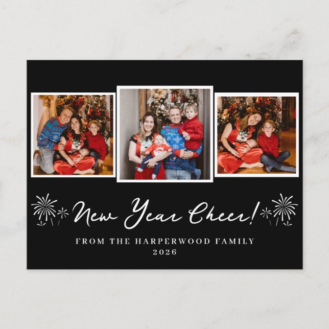 Simple Elegant Modern Happy New Year Three Photo Holiday Postcard (Front)