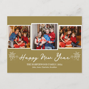 Simple Elegant Modern Happy New Year Three Photo Holiday Postcard
