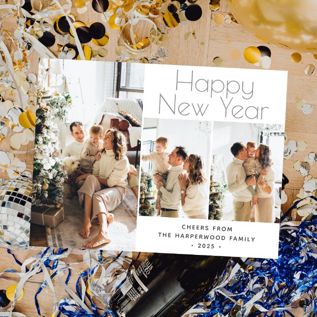 Simple Elegant Modern Happy New Year Three Photo Holiday Postcard (Creator Uploaded)