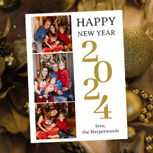 Simple Elegant Modern Happy New Year Three Photo Holiday Postcard