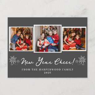 Simple Elegant Modern Happy New Year Three Photo Holiday Postcard