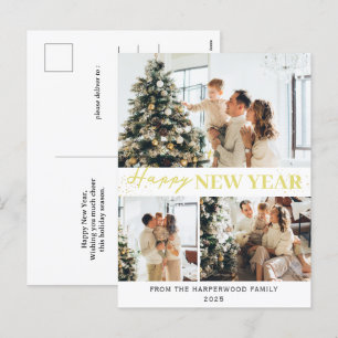Simple Elegant Modern Happy New Year Three-Photo Holiday Postcard