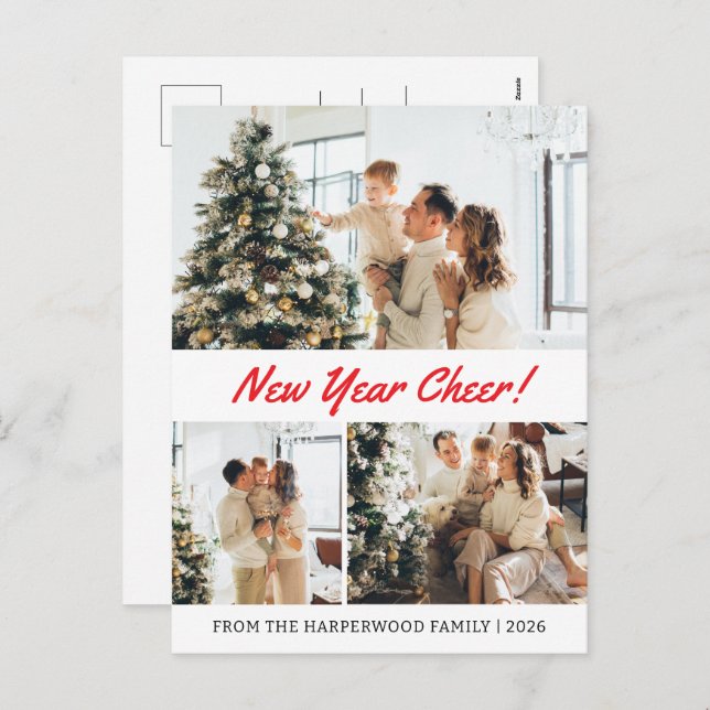 Simple Elegant Modern Happy New Year Three-Photo Holiday Postcard (Front/Back)