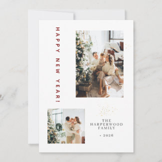 Simple Elegant Modern Happy New Year Two Photo Holiday Card