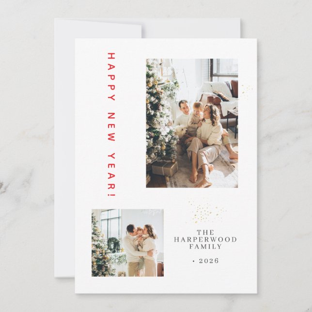 Simple Elegant Modern Happy New Year Two Photo Holiday Card (Front)