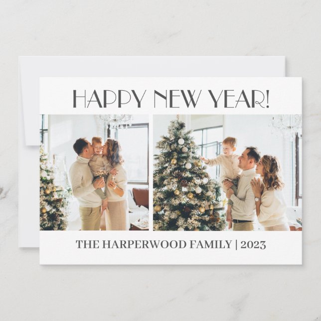 Simple Elegant Modern Happy New Year Two Photo Holiday Card (Front)