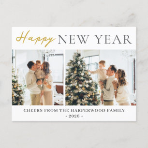 Simple Elegant Modern Happy New Year Two Photo Holiday Postcard