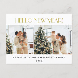 Simple Elegant Modern Happy New Year Two Photo Holiday Postcard