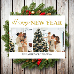 Simple Elegant Modern Happy New Year Two Photo Holiday Postcard