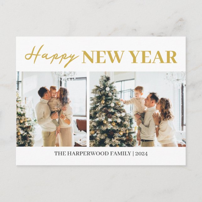 Simple Elegant Modern Happy New Year Two Photo Holiday Postcard (Front)