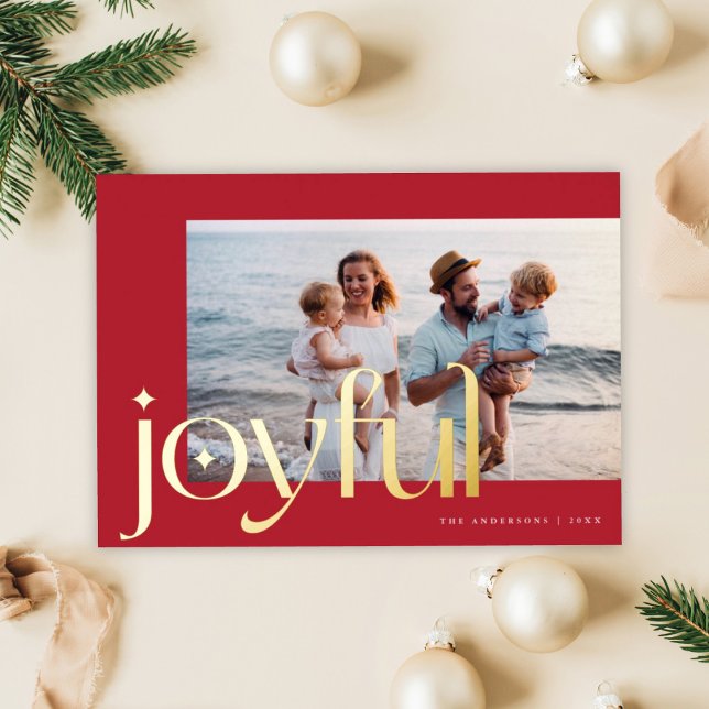 Simple Elegant Modern Joyful 1 Photo Red Gold  Foil Holiday Card (Creator Uploaded)