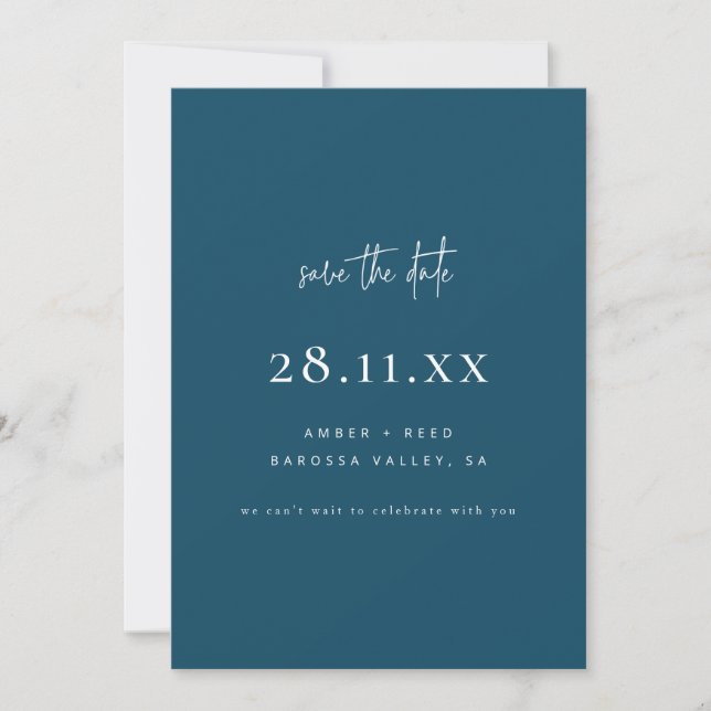 Simple Elegant Modern Minimalist Peacock Blue Save The Date (Front)