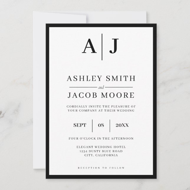 Simple Elegant Modern Monogram Black White Wedding Invitation (Front)