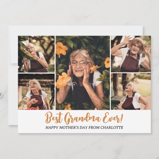 Simple Elegant Modern Mothers Day Grandma 5 Photo Holiday Card (Front)