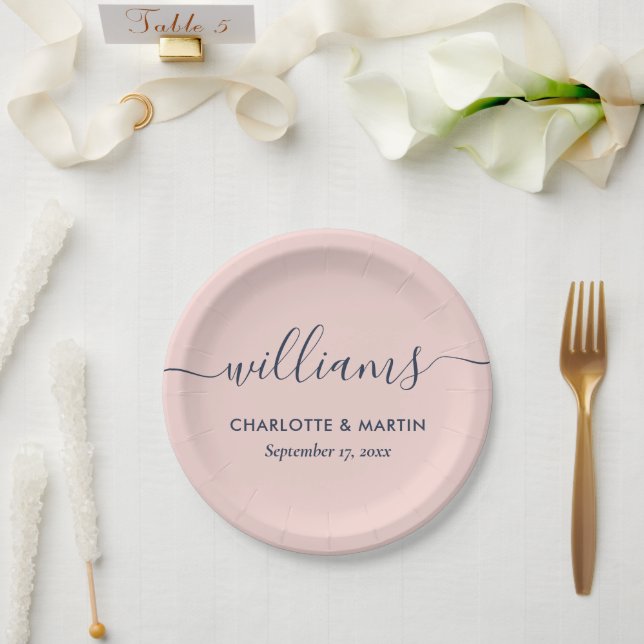 Simple Elegant Modern Navy Blue Blush Pink Wedding Paper Plate (Wedding)