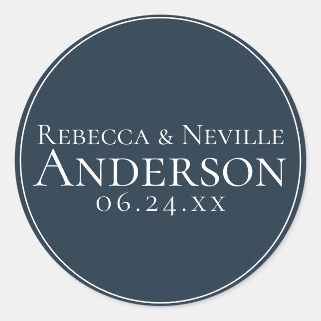 Simple Elegant Modern Navy Blue Text Wedding Classic Round Sticker (Front)
