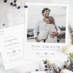 Simple Elegant Modern Photo Wedding Save the Date  Invitation Postcard<br><div class="desc">This simple, elegant modern photo wedding save the date postcard template features your names and details beneath your photo. The default text color on both sides is an elegant dark shade of blue. You might choose to change the font, punctuation or color used for various text elements of this design...</div>