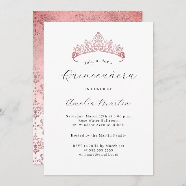 Simple Elegant Modern Pink Tiara Quinceanera  Invitation (Front/Back)