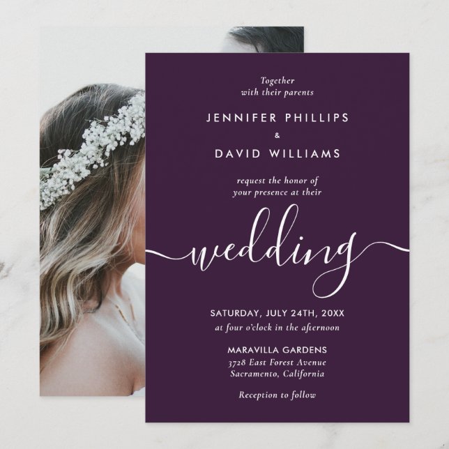 Simple Elegant Modern Purple Photo Wedding Invitation (Front/Back)