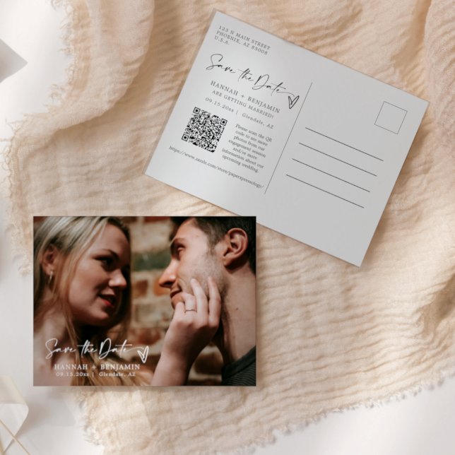 Simple Elegant Modern Save the Date QR Code Photo Postcard (Creator Uploaded)
